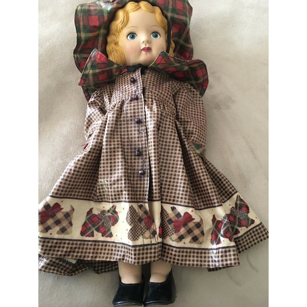 OLD 18" Daisy Kingdom Pansy Doll Blonde Blue Eyes  Pinafore Shoes scotty dress